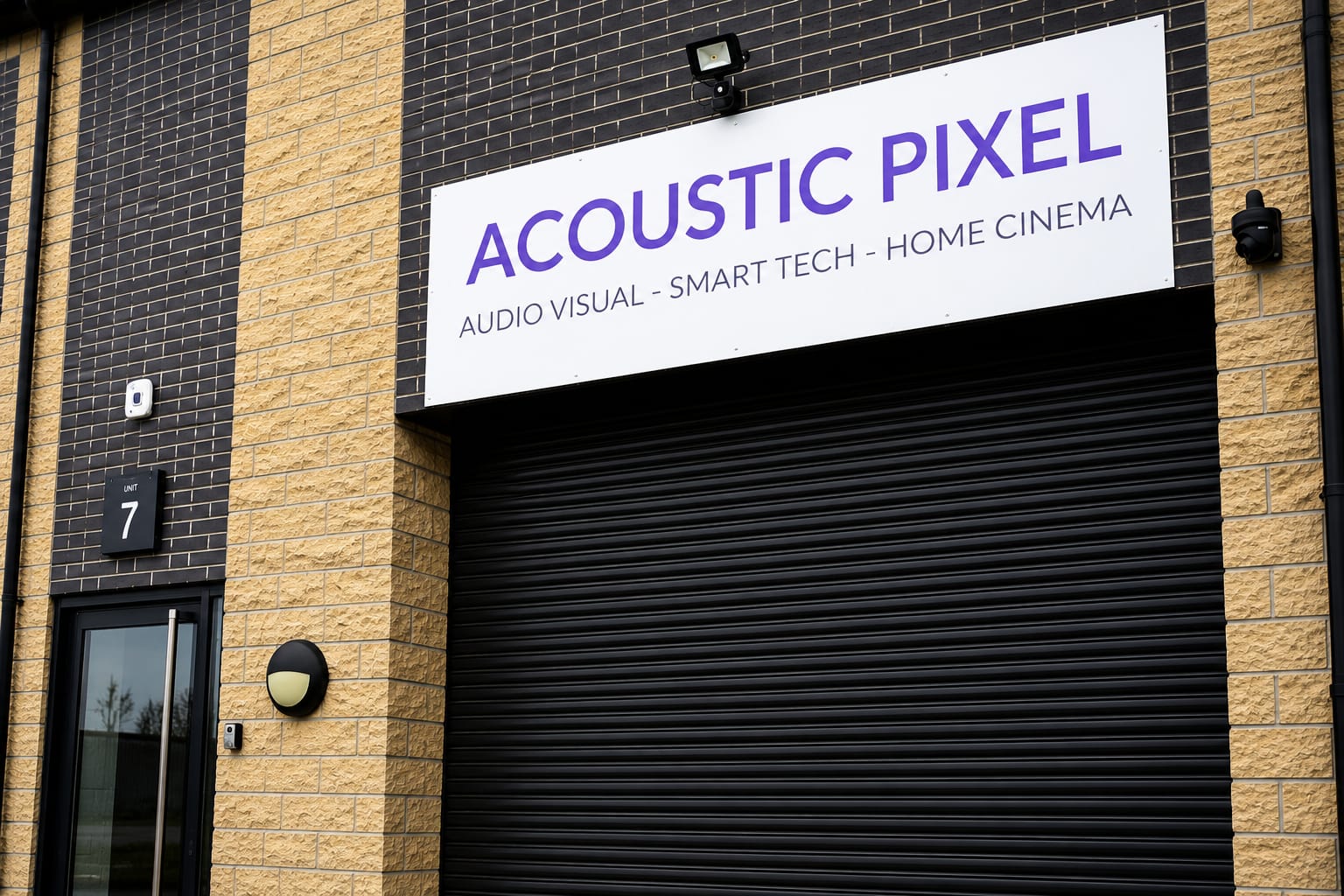 The Acoustic Pixel home cinema showroom in Middlesbrough from outside: a brick unit with the Acoustic Pixel sign above the door